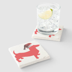 Red-Doxie---And-Santa-Hat Stone Coaster