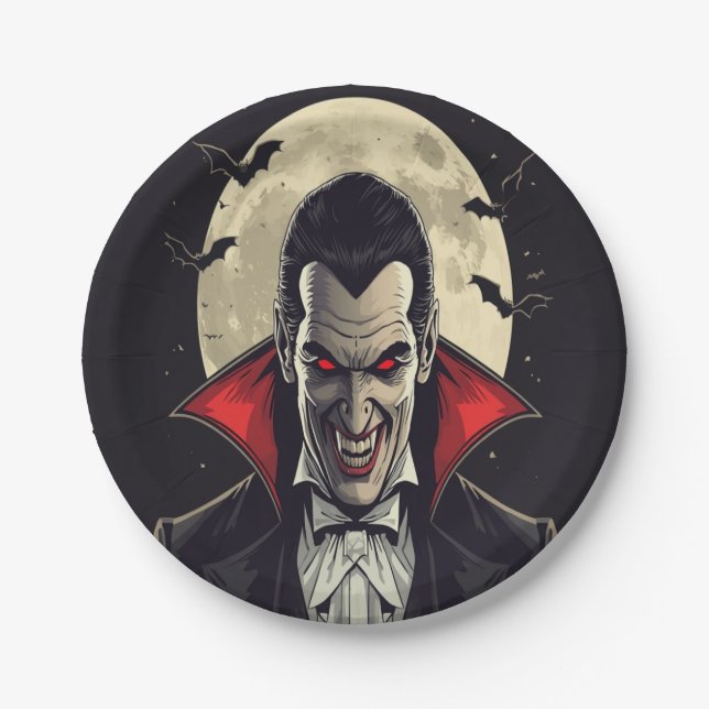 Red Dracula Gothic Horror Halloween Paper Plate (Front)