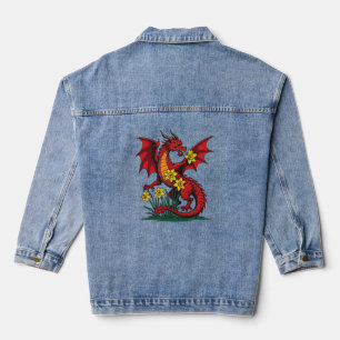 Red Dragon Amongst Daffodil Flowers Denim Jacket