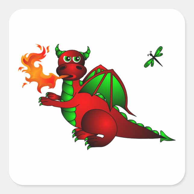 Red Dragon and Dragonfly Square Sticker (Front)