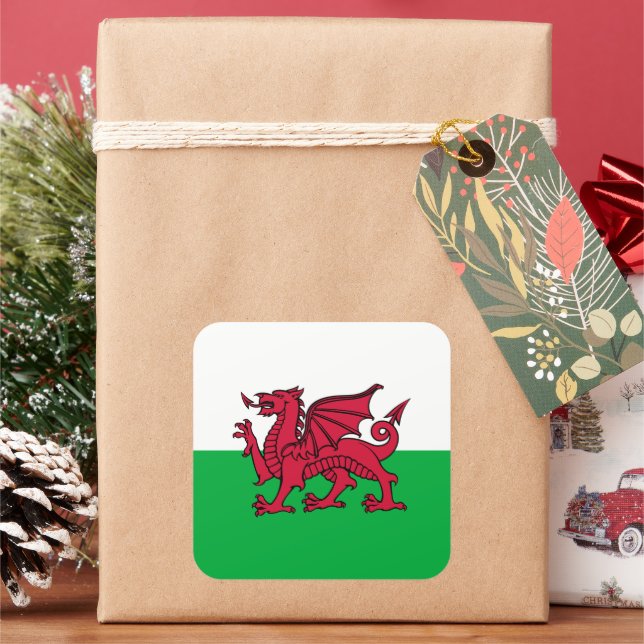 Red Dragon Celtic Flag of Wales & Welsh Square Sticker (Holiday)