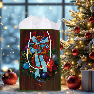 Red Dragon Christmas Wreath Medium Gift Bag