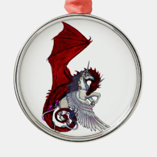 Red Dragon Dragoness Crimson Fantasy Unicorn Horse Metal Ornament