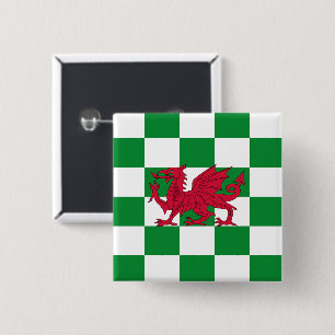 Red Dragon Flag: Green Chequered Celtic Wales 15 Cm Square Badge