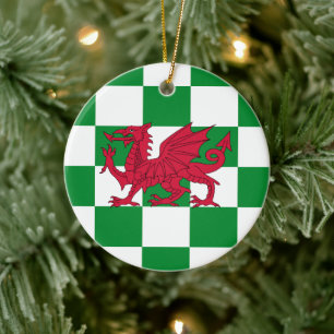 Red Dragon Flag: Green Chequered Celtic Wales Ceramic Ornament