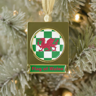 Red Dragon Flag: Green Chequered Celtic Wales Gold Plated Banner Ornament