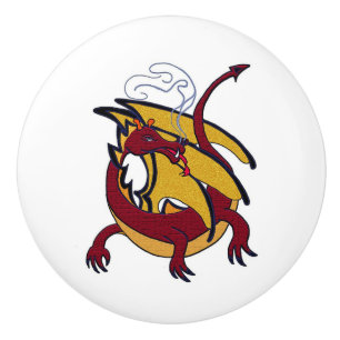 Red dragon flying winged dragon ceramic knob