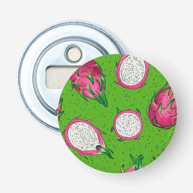 Red dragon fruit on green bottle opener (Front)