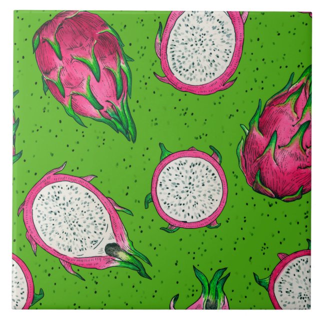 Red dragon fruit on green ceramic tile (Front)