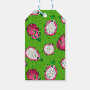 Red dragon fruit on green gift tags