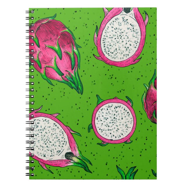Red dragon fruit on green notebook (Front)