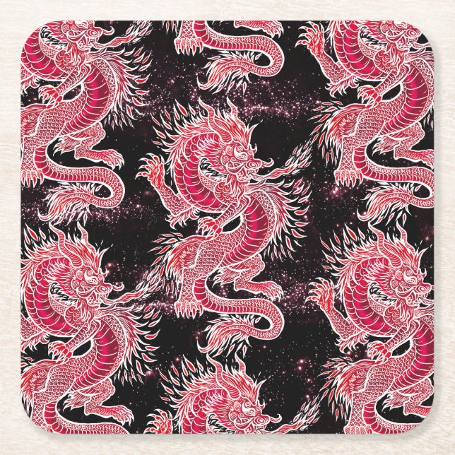 Red Dragon Galaxy Square Paper Coaster (Front)