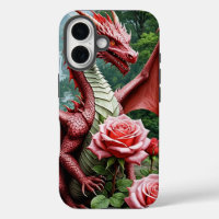 Red Dragon iPhone16 Case with Rose Garden Design