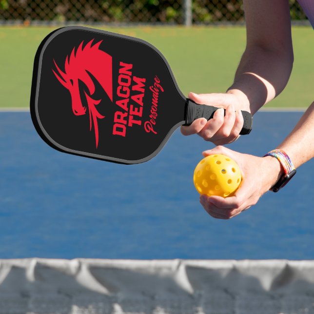 Red dragon logo personalised pickleball paddle (Insitu)