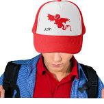 Red dragon name boy trucker hat<br><div class="desc">A red dragon icon on a white background.  Customise and add a name,  black coloured rustic,  comics style fonts/letters</div>