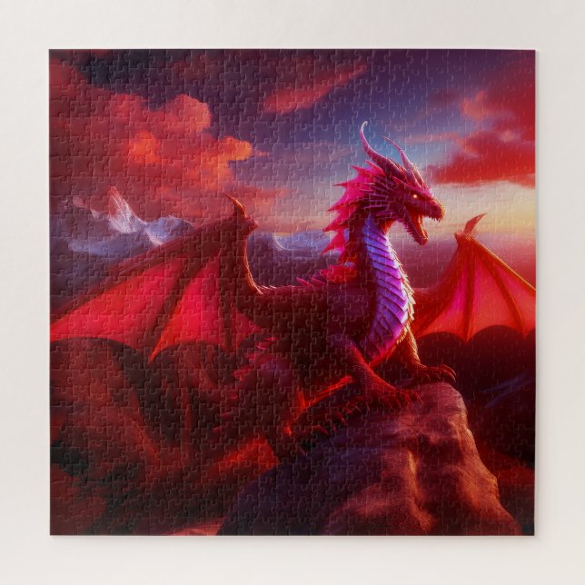 Red Dragon Perches On Craggy Mountain Peak Jigsaw Puzzle (Vertical)