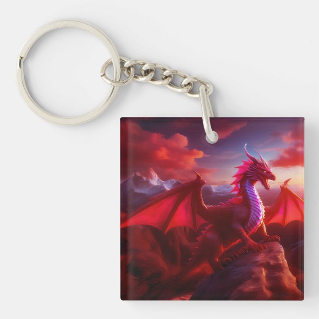 Red Dragon Perches On Craggy Mountain Peak Key Ring (Front)