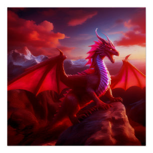 Red Dragon Perches On Craggy Mountain Peak Poster