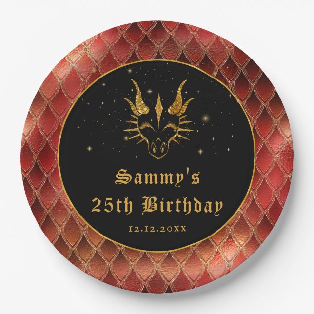 Red Dragon Scales Gold Faux Glitter Birthday Paper Plate (Front)