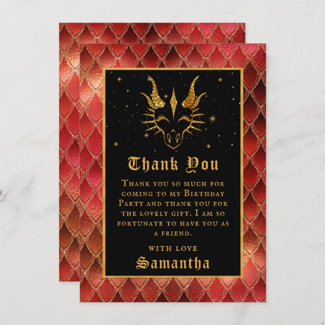 Red Dragon Scales Gold Faux Glitter Birthday Thank You Card (Front/Back)