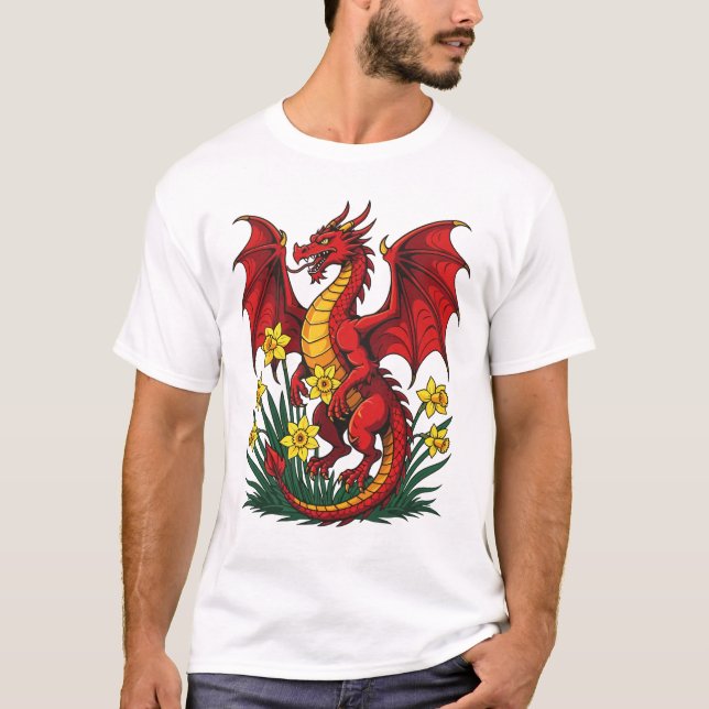 Red Dragon Stood Amongst Daffodils T-Shirt (Front)