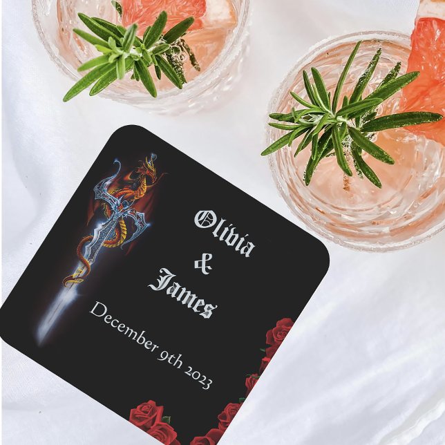 Red Dragon Sword Roses Square Paper Coaster (Creator Uploaded)