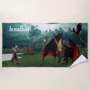 Red Dragon vs Knight Castle Fantasy Personalised Beach Towel