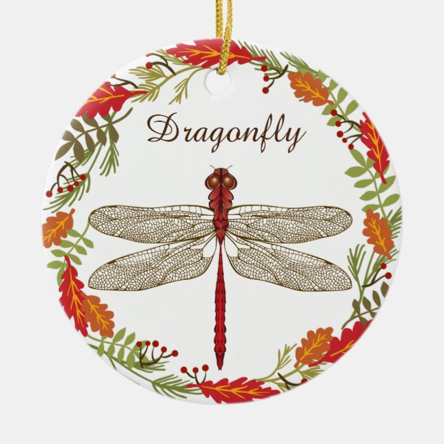 Red Dragonfly in Autumn Wreath Ornament (Front)