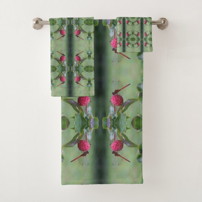 Red Dragonfly On Dogwood Fruit Abstract Bath Towel Set (Insitu)
