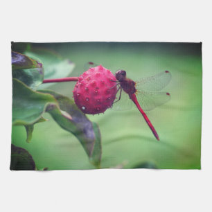 Red Dragonfly On Dogwood Fruit Close Up  Tea Towel