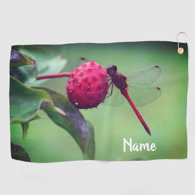 Red Dragonfly On Dogwood Fruit Personalised Golf Towel (Horizontal)
