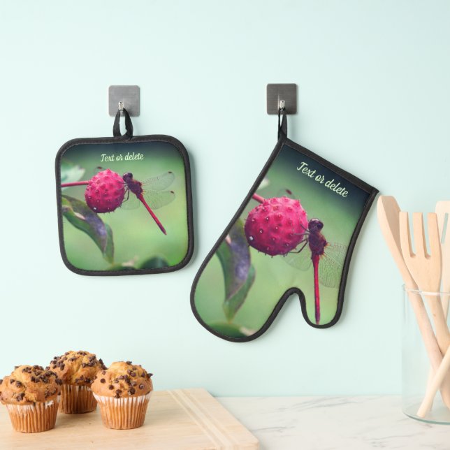 Red Dragonfly On Dogwood Fruit Personalised Oven Mitt & Pot Holder Set (Insitu(Hanging))