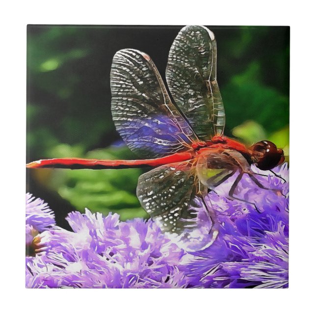 Red Dragonfly on Violet Purple Flowers Ceramic Tile (Front)