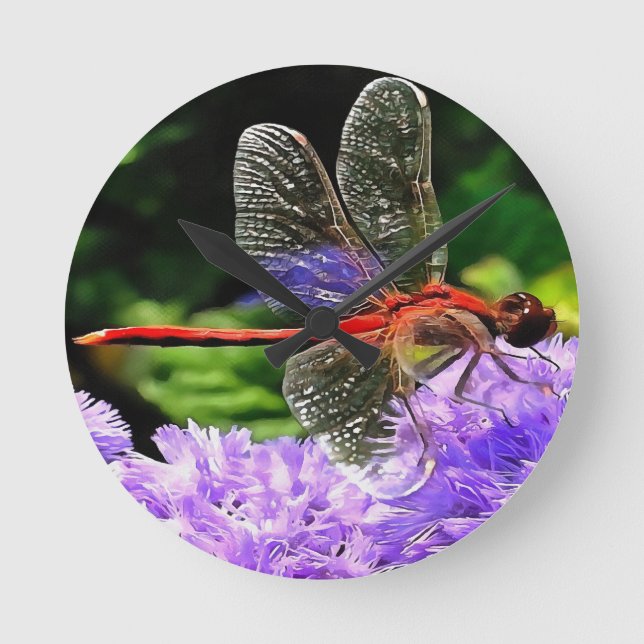 Red Dragonfly on Violet Purple Flowers Round Clock (Front)