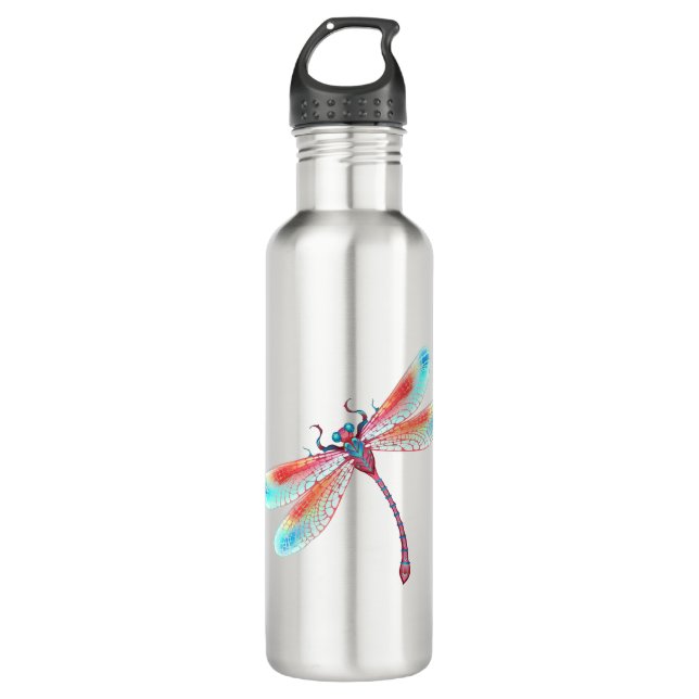Red dragonfly on watercolor background 710 ml water bottle (Front)