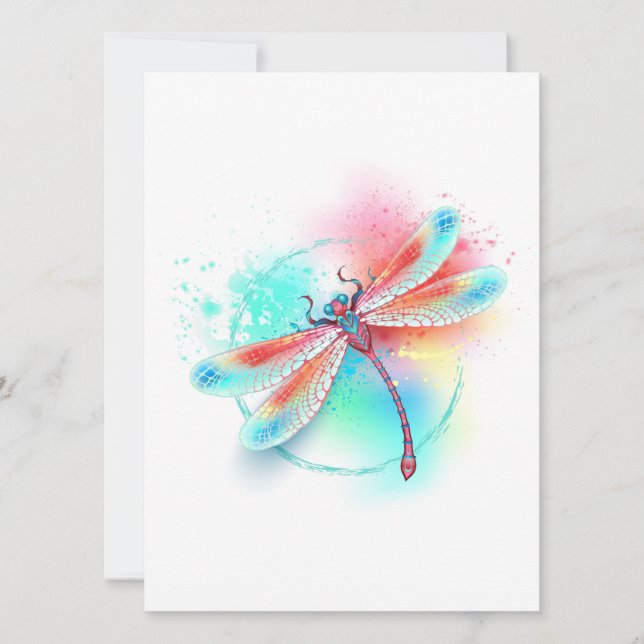 Red dragonfly on watercolor background announcement (Front)