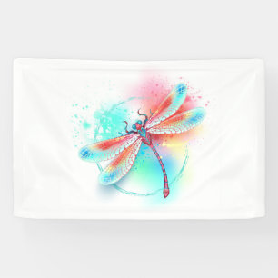 Red dragonfly on watercolor background banner