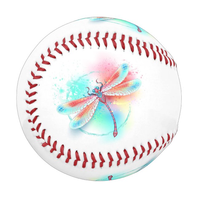 Red dragonfly on watercolor background baseball (Front Left)