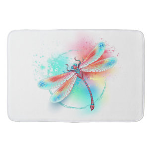 Red dragonfly on watercolor background bath mat