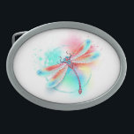 Red dragonfly on watercolor background belt buckle<br><div class="desc">Red,  flying,  artistically drawn,  in bright colours with textured iridescent,  blue wings on white background,  painted over with splashes of watercolor paint. Bright red dragonfly.</div>