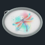 Red dragonfly on watercolor background belt buckle<br><div class="desc">Red,  flying,  artistically drawn,  in bright colours with textured iridescent,  blue wings on white background,  painted over with splashes of watercolor paint. Bright red dragonfly.</div>