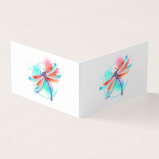Red dragonfly on watercolor background business card (Outside)