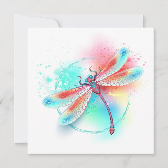 Red dragonfly on watercolor background card (Front)