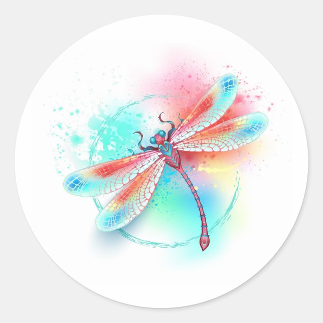 Red dragonfly on watercolor background classic round sticker (Front)