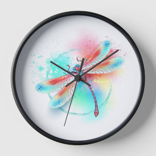 Red dragonfly on watercolor background clock