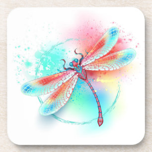 Red dragonfly on watercolor background coaster