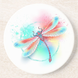 Red dragonfly on watercolor background coaster