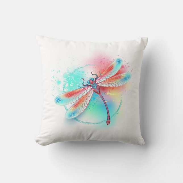 Red dragonfly on watercolor background cushion (Front)