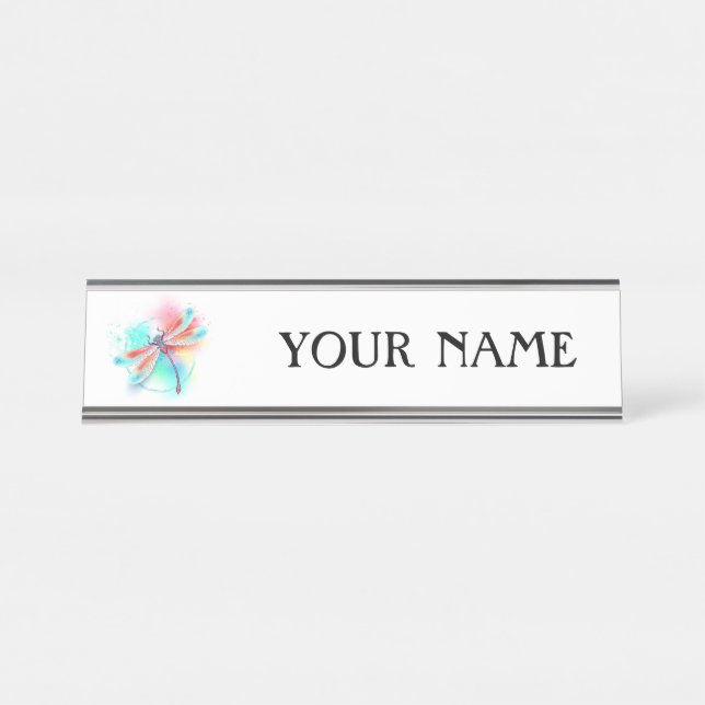 Red dragonfly on watercolor background desk name plate (Front)