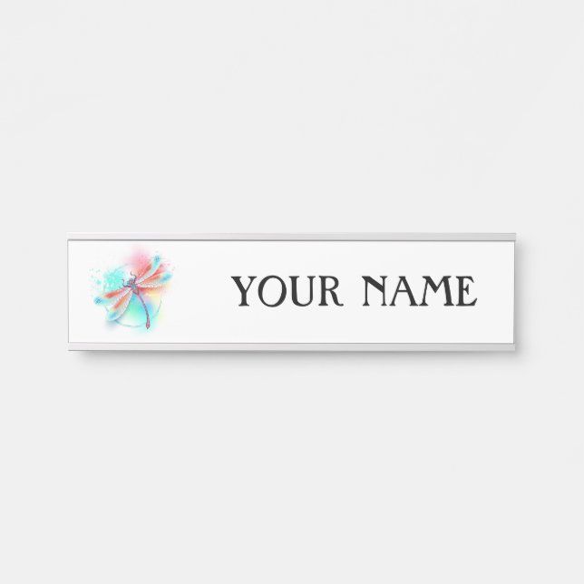 Red dragonfly on watercolor background door sign (Front)